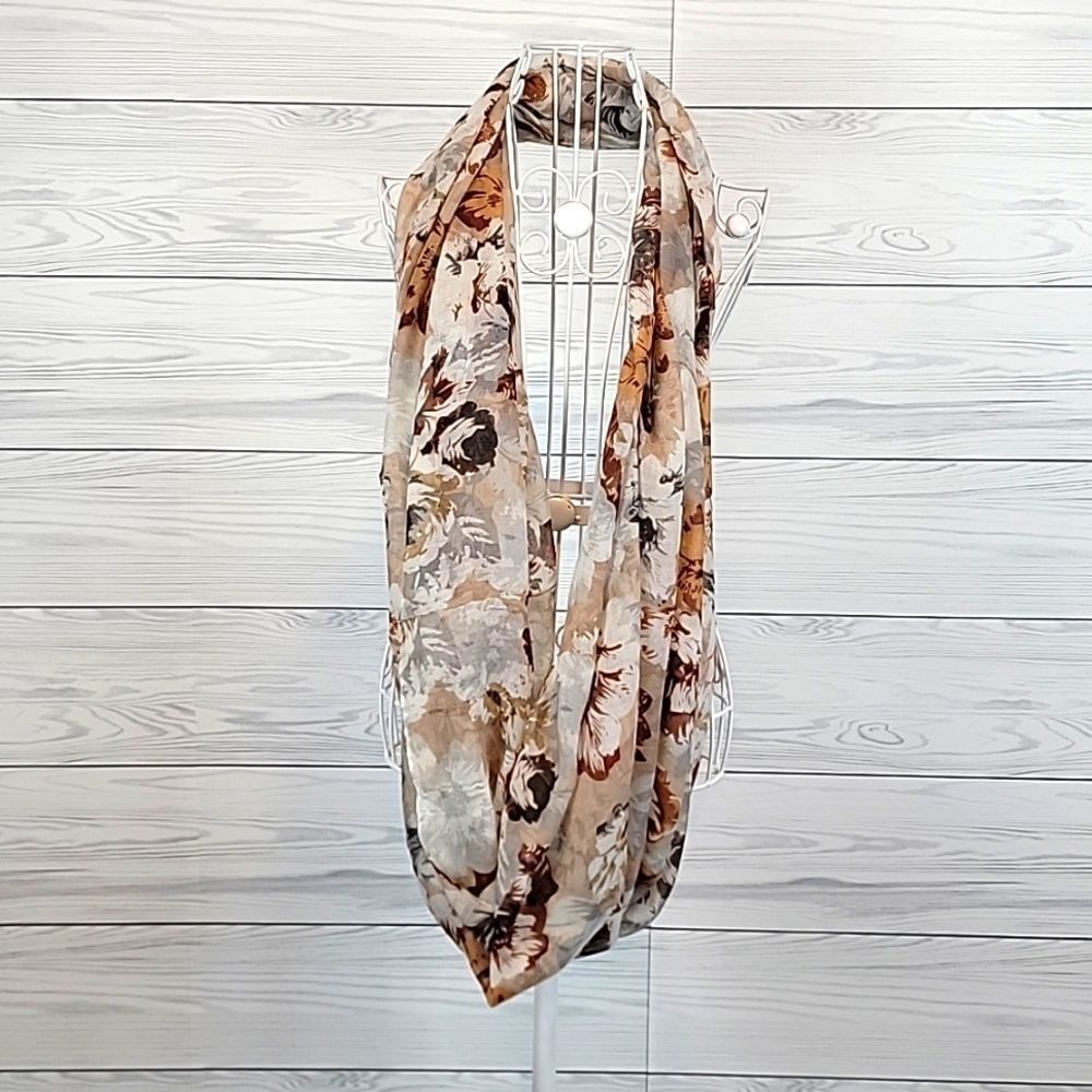 Unbranded infinity scarf beige and brown floral print One Size